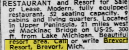 Brevort Resort - Aug 1965 For Sale